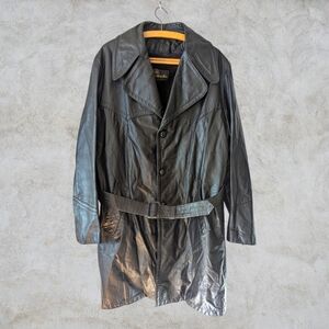Vintage 70's Sears Belted Black Real Leather Trenchcoat With Liner Size M